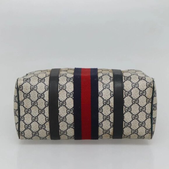 GUCCI GG Supreme Sherry Line Hand Bag PVC Navy Gold Red Auth 134690 - Picture 6 of 16